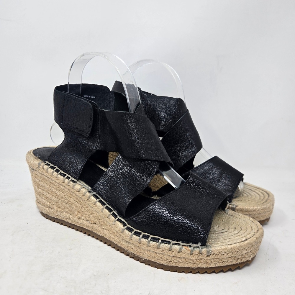 Eileen Fisher Willow Black Leather Espadrille Wedge Sandals 9 Crisscross Straps